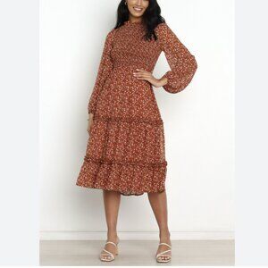 Petal & Pup Valente Midi Dress Ditsy Floral Smocked Tiered Ruffle Rust Size 6